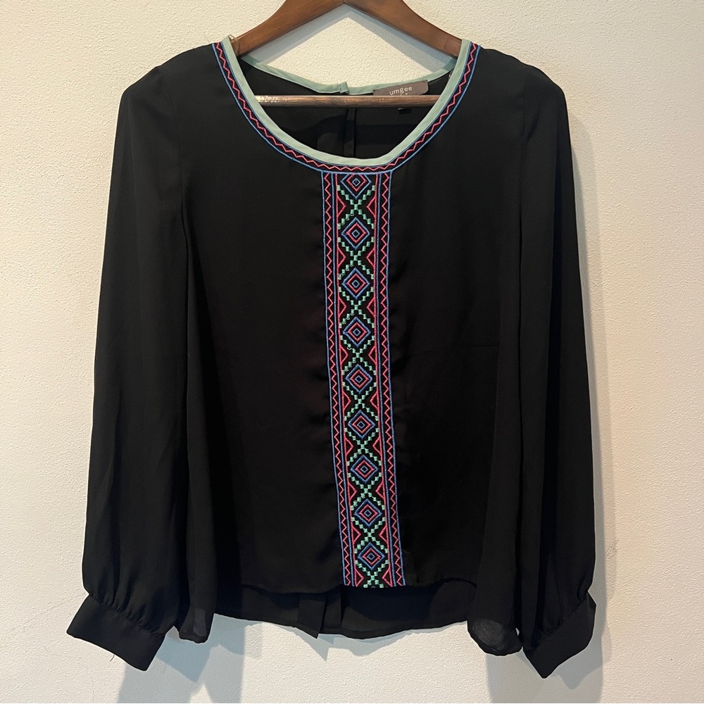 Umgee Semi Sheer Embroidered Blouse Button Back Button Cuff
